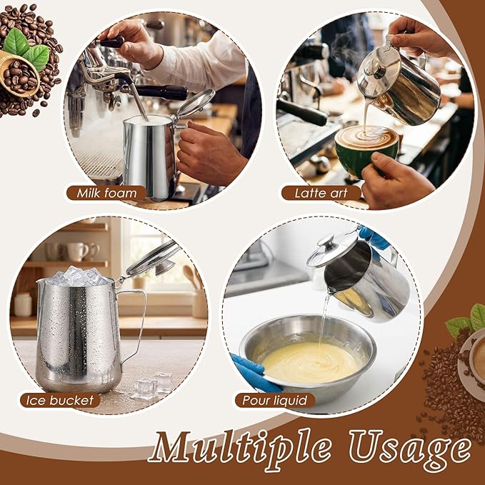 2 Pcs 67 oz/ 2 L Stainless Steel Pitcher with Lid Large Capacity Stainless Steel Metal Water Pitcher with Handle Milk Frothing Jug for Coffee Iced/Hot Tea Latte Art Homemade Beverages