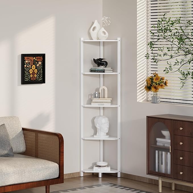 Wisuce Corner Shelf, 100% Real Bamboo Shower Corner Shelves Free Standing Shelf Storage Organizer for Bathroom Living Room Kitchen (White, 5 Tier)