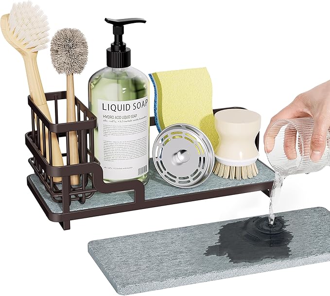 Consumest Sponge Holder for Kitchen Sink - Sink Caddy Organizer with Water Absorbing Stone Tray, Detachable Brush Holder, Stainless Steel Kitchen Counter Organizer Rack, Bronze