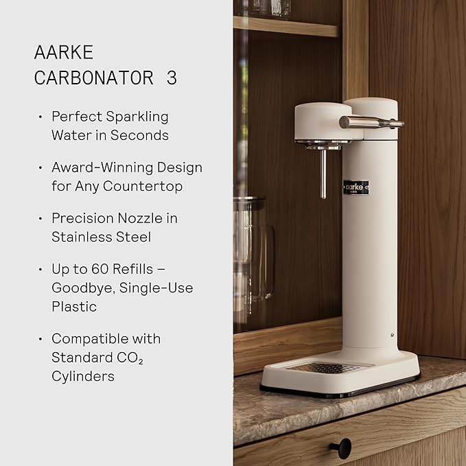Aarke Carbonator lll with CO2 Cylinder, Sparkling & Carbonation Water Machine, Stainless Steel with PET BPA-Free Reusable Bottle Volume 1L/34 fl oz (Matte White)