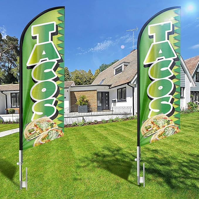 Tacos Swooper Feather Flag with Pole Kit and Ground Stake, 11FT Advertising Banner Sign for Tacos, Burritos and Mexican Food Businesses