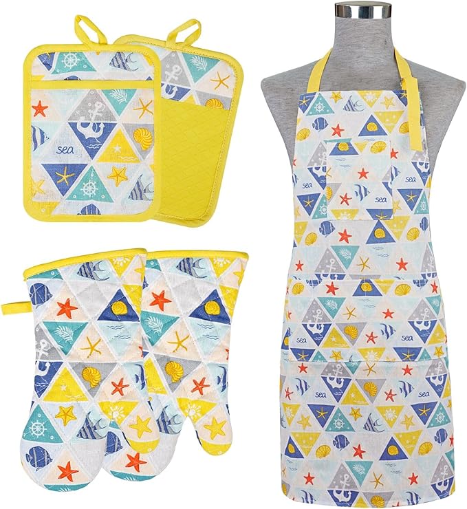 Alselo Oven Mitts and Pot Holders with Chef Apron,Set of 5 Heat Resistant Kitchen Gloves and Silicone Non-Slip Potholders Adjustable Neck Buckle Apron, Cotton Nice Design for Cooking (Sea Fish)