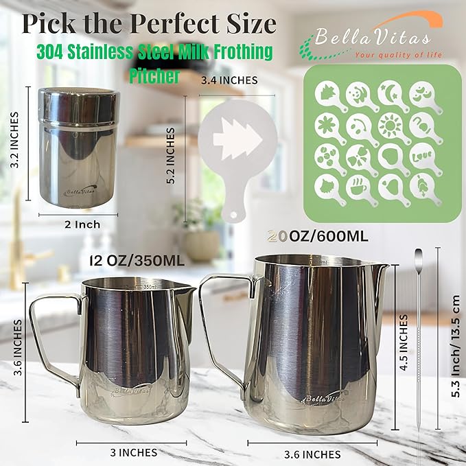 Milk Frothing Pitcher Set 20oz/600ml, 304 Stainless Steel Milk Frother Cup with Cocoa Shaker, Latte Art Pen, Stencils, Espresso Machine Accessories & Coffee Barista Tools Latte Pitcher Gift