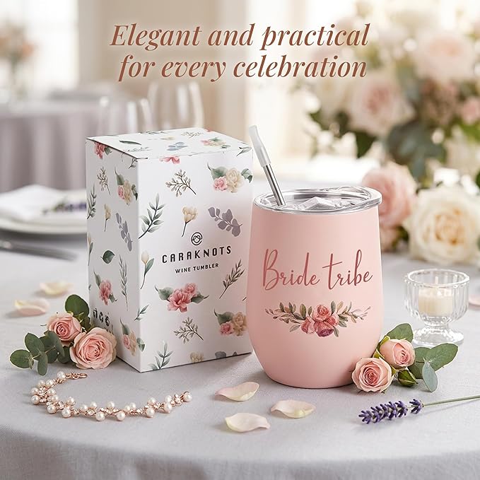 CARAKNOTS Bride Tribe Gifts Bride Tribe Cups Wedding Wine Tumbler for Bridal Shower Bachelorette Party Favor Accessories Pink Bridesmaid Cups Stainless Steel Wine Tumbler with Lid and Straw 12 oz