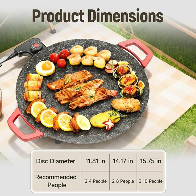 Non-Stick Electric Indoor Grill Pan, Large Round Electric Griddle & Smokeless Korean BBQ Grill Indoor - fast heating, portable, for burgers, pancakes & stovetop use (Extra Large)