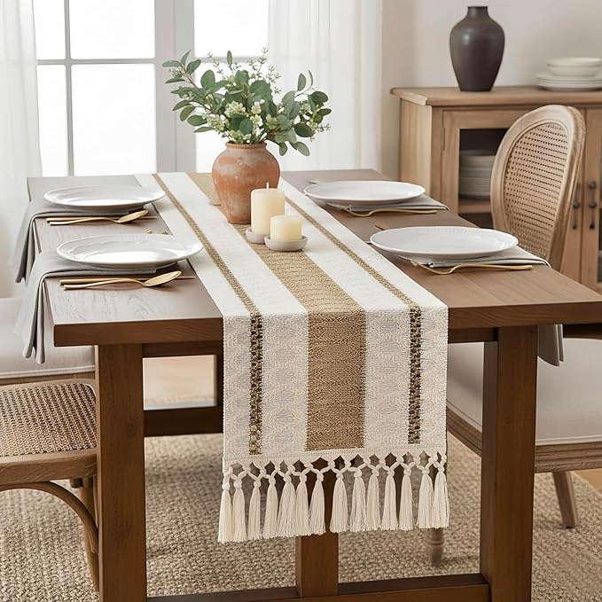 FEXIA Boho Table Runner with Tassels 12x90 Inches for Home Decor Farmhouse Rustic Macrame Burlap Table Decoration for Pottery Barn Furniture, Living Room and Dining Room