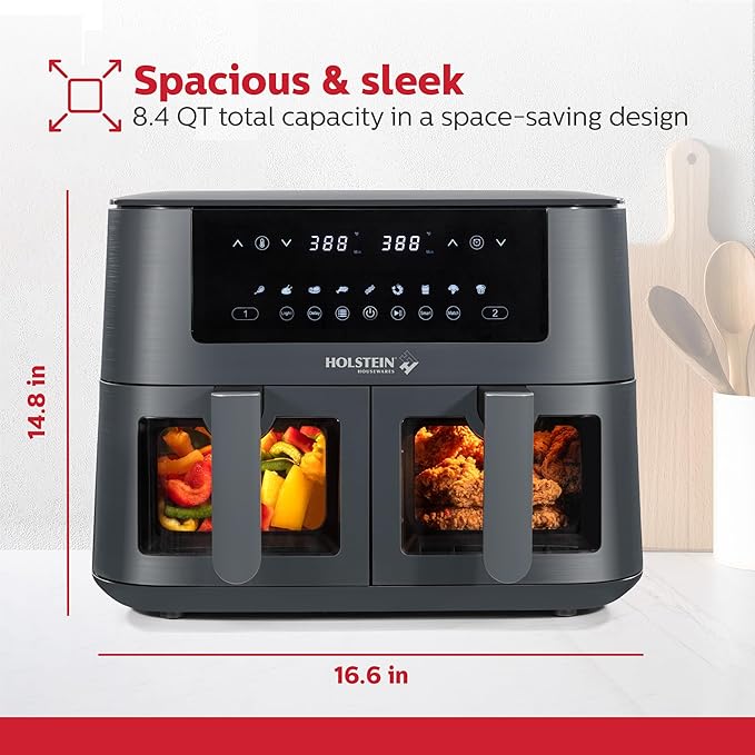 Holstein Housewares 8.4QT Dual Basket Digital Air Fryer with viewing window and led display with 7 preset options. Fry, bake, grill, dehydrate, and roast healthier recipes. Dishwasher Safe