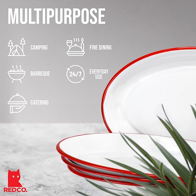 Red Co. Enamelware Metal Classic 13" Serving Oval Tray Platter, Solid White/Red Rim