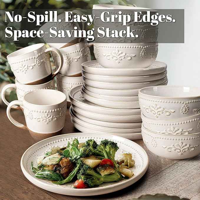 Artena Plates And Bowls Sets, 24 Pieces Dinnerware Sets, Dish Set For 6, Ceramic Kitchen Bowl And Plate Set, Embossed White Dishware Sets, Dishwasher & Microwave Safe (Damask Floral) (With Mugs)
