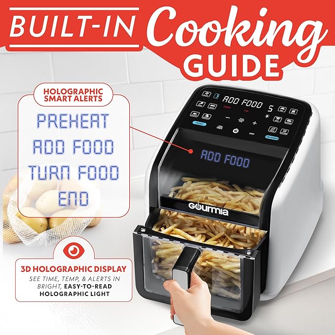 Gourmia Air Fryer 7 QT - Easy View Panorama Window & Interior Light, Guided Cooking with 12 One-Touch Presets, FryForce 360, Dishwasher Safe Accessories, White