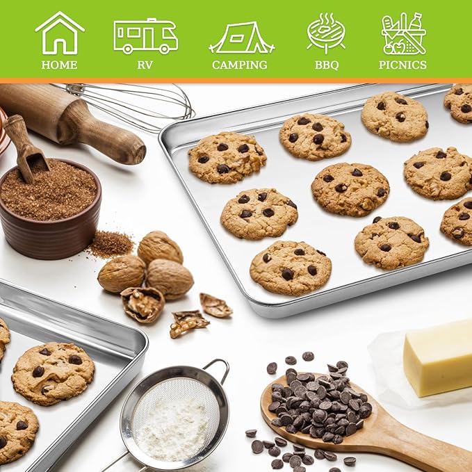 CEKEE Baking Sheet Set of 4, Stainless Steel Cookie Sheet & Baking Pan Tray, Toaster Oven Tray, Baking Pan Set, Rectangle Size 16 x 12 x 1 inch, Non Toxic, Mirror Finish & Rust Free, Dishwasher Safe