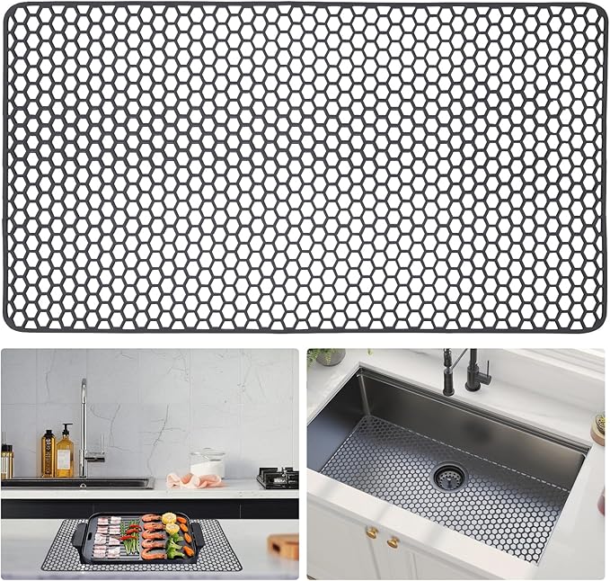Sink Protectors for Kitchen Sink - 28.34" x 15.74" Silicone Sink Mat - Can DIY Drain Holes - Non-slip Heat Resistant Liner for Bottom of Farmhouse Porcelain Stainless Steel（Grey）