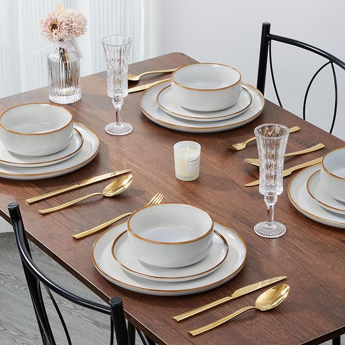 E-far Plates and Bowls Set for 8, 24-Piece Stoneware Dinnerware Sets, Ceramic Dinning Ware Reactive Glaze Dishes Set, Microwave & Dishwasher Safe - Seashell White