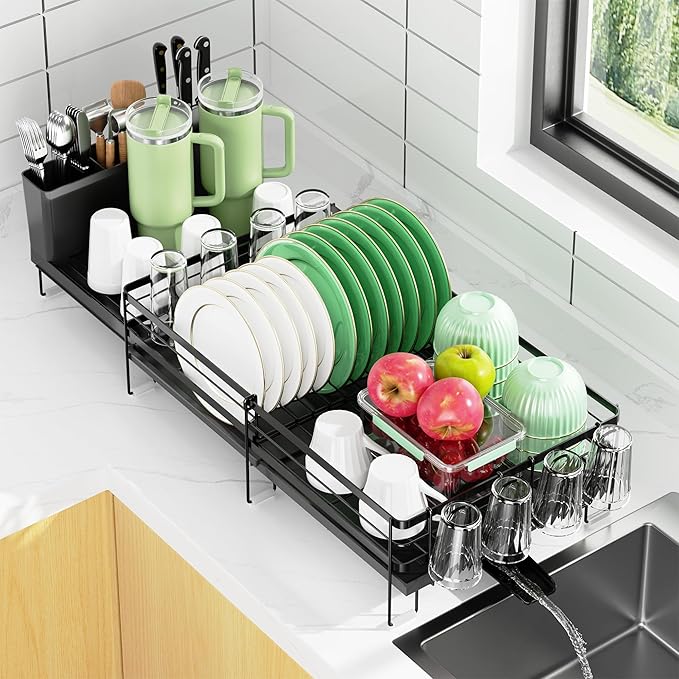 Large Dish Drying Rack, Expandable Dish Rack, Stainless Steel Dish Racks for Kitchen Counter, Multifunctional Dish Drainer with Utensil & Cup Holder, 13.4"-28.7" L x 11.8" W, Black