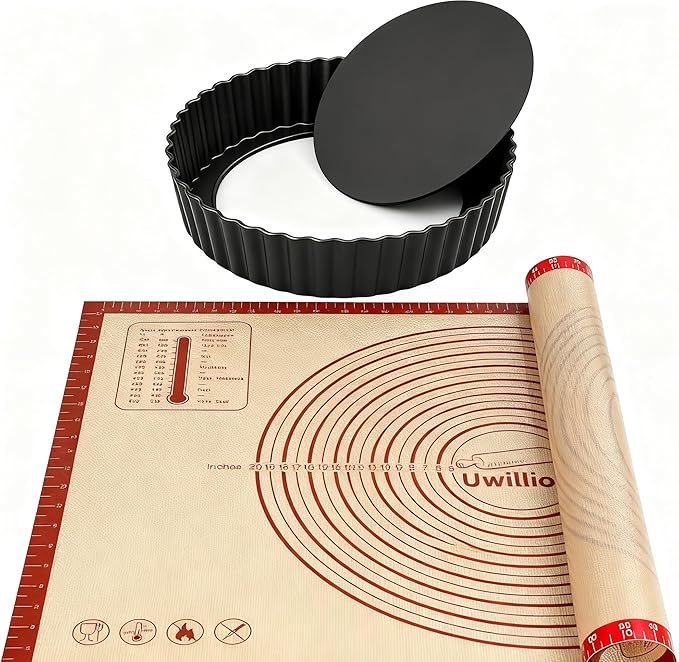 9.5 Inch Tart Pan with Removable Bottom & Non-stick Baking Mat Set – Carbon Steel Deep Tart Pan with 2.2 Inch Depth + Silicone Pastry Mat with Measurements, Perfect for Baking Pies, Tarts & Quiches