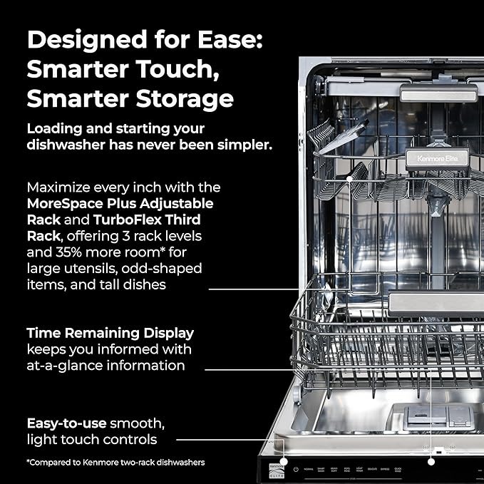 Kenmore 22-14699 Elite 24" Built-In Dishwasher - UltraWash Plus, TurboDry, QuietWash, SmartWash & TurboFlex Third Rack - 15 Place Settings - 42 DBA - ENERGY STAR Certified - 24" - Black