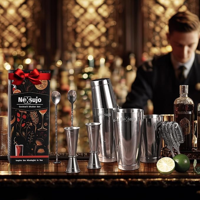 Boston Cocktail Shaker, 8-Piece Professional Shaker Set, Stainless Steel Bar Tools Set with Boston Shaker, Bar Spoon, Jigger, Hawthorne Strainer, Dishwasher Safe, Ideal Bartender Kit for Bar
