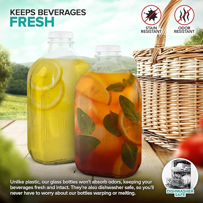 Stock Your Home Half Gallon Glass Milk Bottle with Lid (3 Pack) 64 Oz Jugs and 6 White Caps, Reusable Food Grade Milk Container for Refrigerator, Bottles for Juice, Oat or Plant Milks, Water, Honey