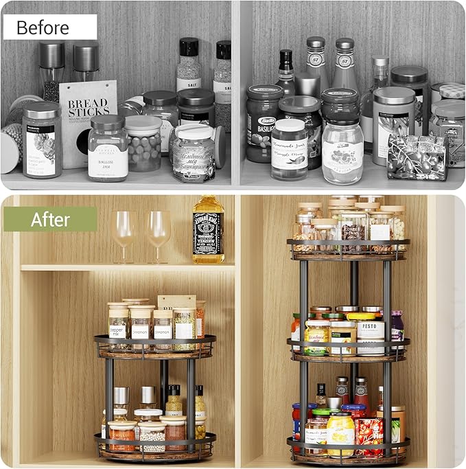 LAMU 2 Tier 9'' Lazy Susan Turntable Organizer for Cabinet and 10'' Wood Lazy Susan Spice Rack