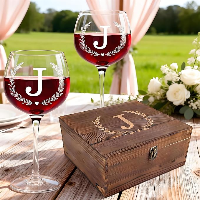 GZLDGIFTS Personalized Initial Wine Glasses Box Gift Set For Women Mom Engraved Birthday Monogrammed Wooden Christmas Gifts Wedding Anniversary Wine Couples Stopper Opener Initial Letterr (J Set)