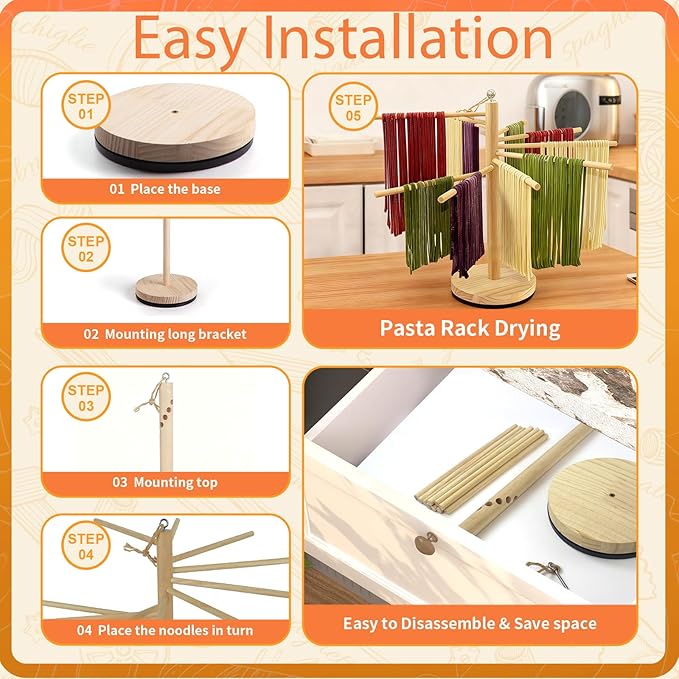 Rotary Pasta Drying Rack,Detachable Wood Pasta Rack with Pasta Molds & Stamps Ravioli with Pasta Cutter Wheel (4 pcs),Spaghetti Pasta Dryer Rack Collapsible Noodle Drying Rack Hanger Stand