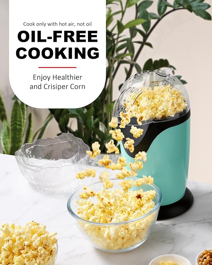 Hot Air Popcorn Maker, 10-Cup Electric Pop Corn Popper machine with Measuring Cup & Butter Melter, Fast Popping & Oil-Free, BPA-Free kitchen appliances for Home Movie Nights & Parties - Aqua