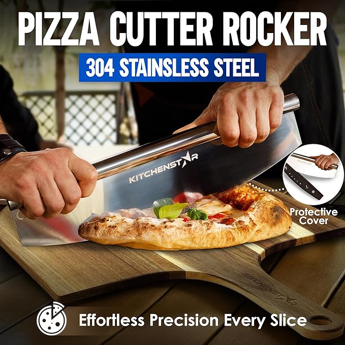 KitchenStar 16-inch Pizza Making Set, 6 PCS - Pizza Stone + Stainless Steel Rack, Acacia Wood Pizza Peel, Pizza Cutter Rocker + Protective Cover, Metal Brush - Oven & Grill Accessories Kit
