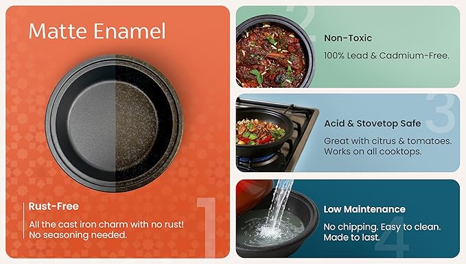 Kook Moroccan Tagine, Enameled Cast Iron Cooking Pot, Tajine with Ceramic Cone-Shaped Closed Lid, 3.3 QT (Matte Black)