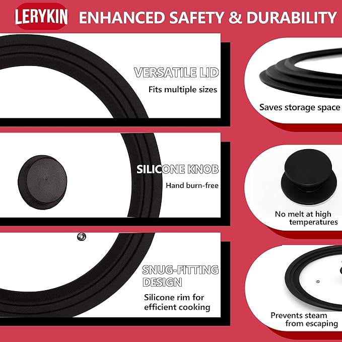 Lerykin Tempered Glass Lid - Universal Lid with Heat Resistant Silicone Rim for Pots, Pans and Skillets - Pan Cover Replacement Lid Fits 11", 12" and 12.5" Diameter Cookware