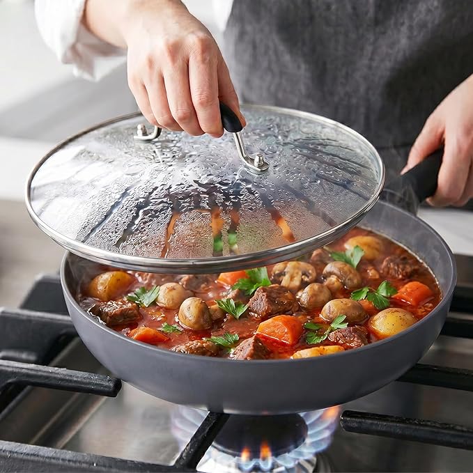 12 IN Glass Lid with Black Handle for Frying Pan, Tempered Replacement Cover Compatible for Skillets, Round Cast Iron, Cast Aluminium, Stainless Steel Pans & Pots (297mm-312mm)