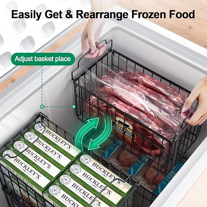 Freezer Organizer Bins, 6 Pack Stackable Deep Chest Freezer Organizer Bins, Foldable Baskets with Handles, Black Storage Container Baskets for 5/ 7 Cu.FT Deep Freezer Sort Frozen Meats
