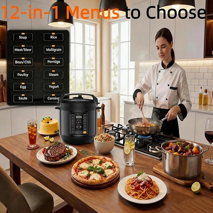 HealSmart 8QT Electric Pressure Cooker, 16-in-1 & Non-Stick Stainless Steel Multi Cooker with 12 Presets for Slow Cook, Meat Stew, Steam, Sauté, Canning, Yogurt Maker, Dishwasher Safe, Black