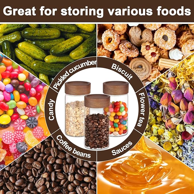 Coffee Jars Set of 2, Empty 9oz 270ml Glass Storage Jars with Airtight Wood Lids, Screw Top Kitchen Glass Container, Sugar Canister for Spice, Snacks, Loose Tea, Candy, Oats, Beans, Seasoning