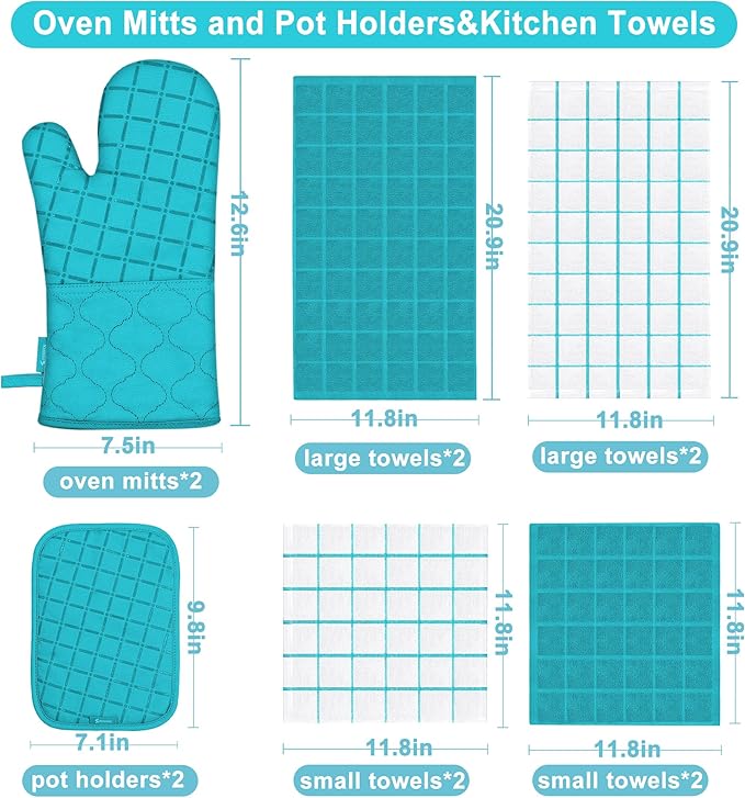 Oven Mitts Kitchen Towels and Dishcloths Pot Holders Sets, Oven Gloves Kitchen Dish Towels 500 Degree Heat Resistant Potholders with Non-Slip Silicone Surface for Cooking, Grilling, Baking-Blue