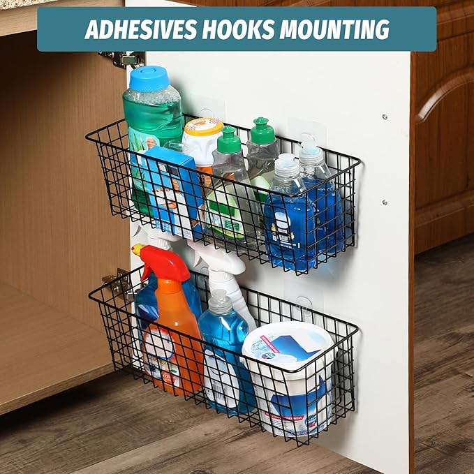 4 Set [EXTRA LARGE] Hanging Wall Mount Storage Baskets with Adhesive Hooks & Steel Hooks, Multiuse Sturdy Wire Metal Organizing Baskets for Home Kitchen Bathroom Pantry Utility Organizer, Black