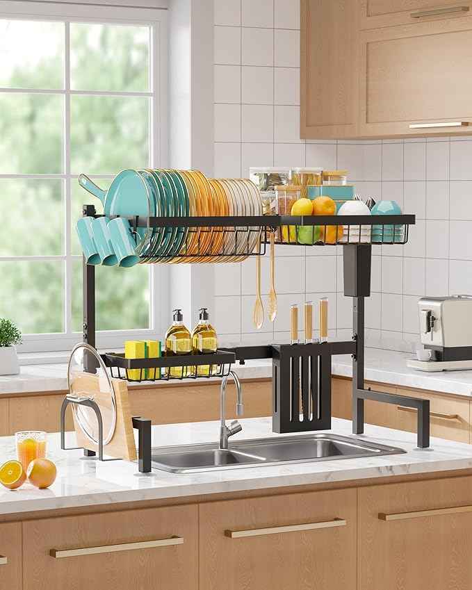 Over The Sink Dish Drying Rack - Adjustable 2 Tier Large Capacity Stainless Steel Drainer with Cutlery & Utensil Holders, Kitchen Storage & Organization, 30"-33.9" L x 11" W x 21.5" H, Black