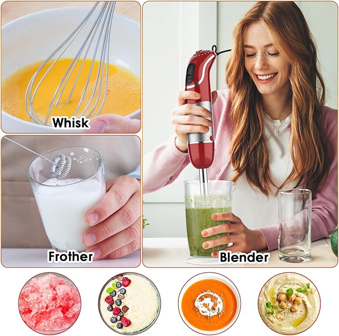Blackcow Multi-Use 5 in 1 Immersion Blender 3.0, BPA-Free, 800W 12 Speed Hand Blenders for Kitchen, Copper Motor Stainless Steel Blade Emulsion Blender Handheld with Chopper, Whisk and Frother, Red