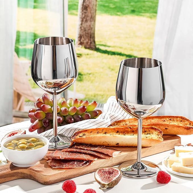 WOTOR Stainless Steel Wine Glasses Set of 4 with Wine Saver Vacuum Pump