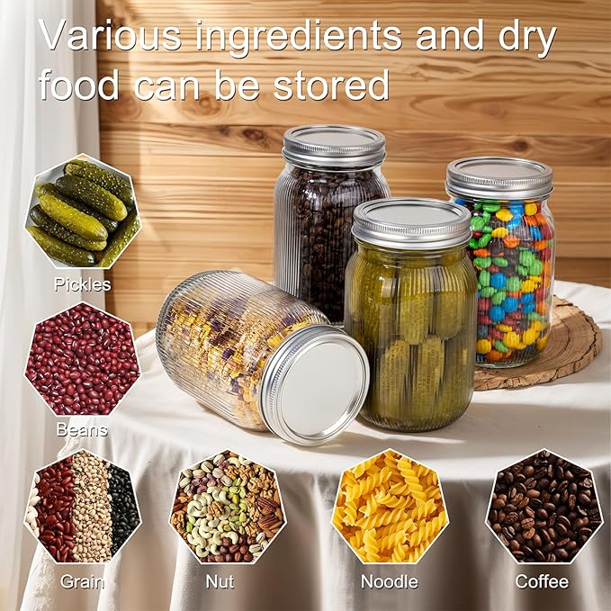 WELLIFE Clear Stripe Mason Jars 32oz-4Pcs