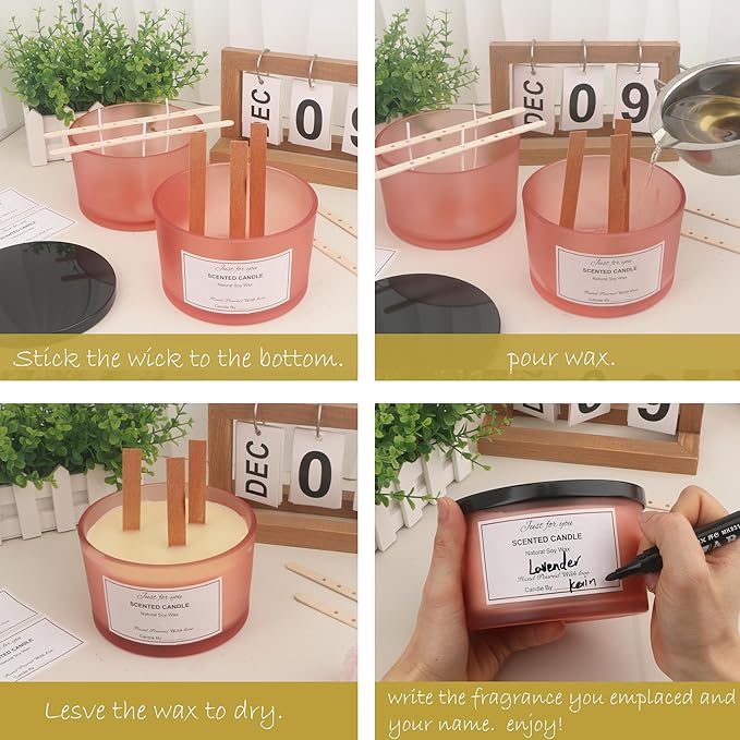 MILIVIXAY 6 Pack 24 oz Candle Jars with Metal Lids and Candle Making Kits - 3 Wick Candle Jar,Bulk Empty Matte Pink Thick Glass Jars for Making Large Candles - Spice, Powder Containers.