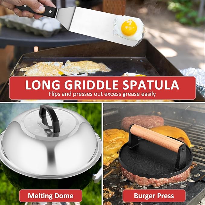 25Pcs Griddle Accessories Kit, Leonyo Flat Top Grill Accessories, Commercial Grilling Tools with Enlarged Spatulas, Basting Cover, Metal Scraper, Smash Burger Press for Outdoor Barbecue, ABS Handle