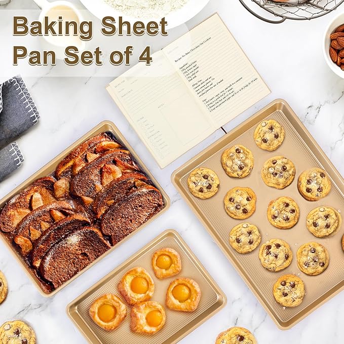 4 Pieces Bakeware Set | 3 Baking Pans & 1 Recipe Notebook Combo | Nonstick Cookie Sheets for Baking Supplies | No Rust & No Toxic Heavy Duty 3 Baking Trays 18''+15''+13'' & 1 Blank Recipe Book