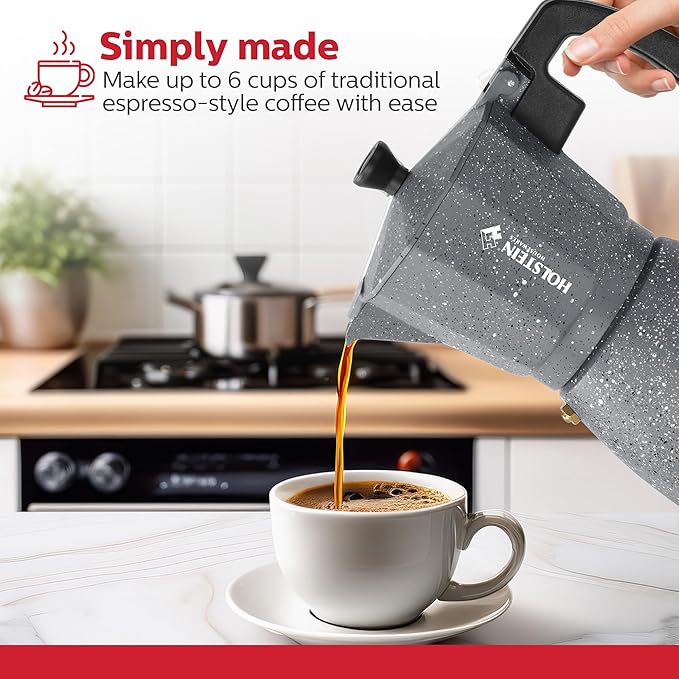 Holstein Housewares - 6 Cup Aluminum Stovetop Espresso Maker and Moka Pot - Great Tasting Traditional Espresso Coffee, Italian and Cuban Café Brewing in Minutes, Silver
