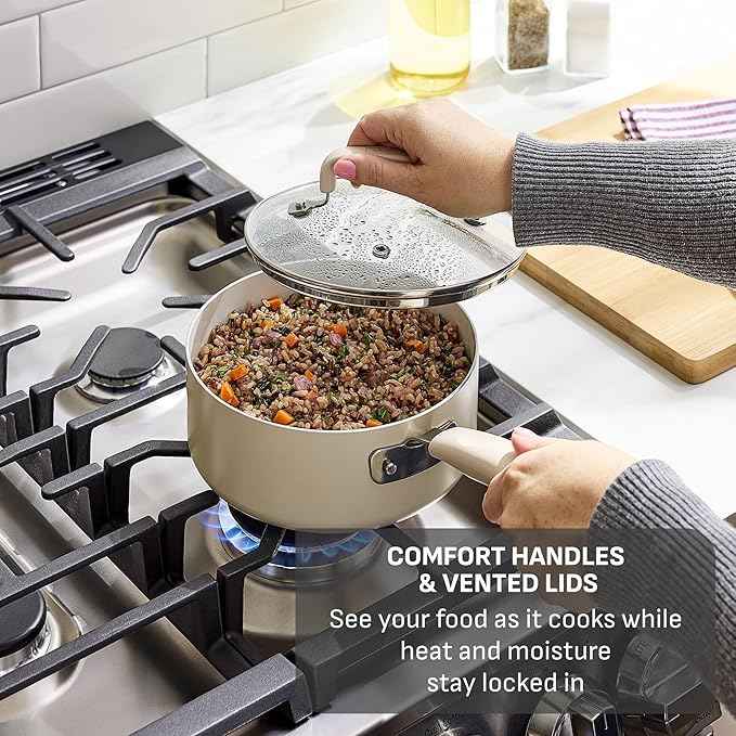 T-Fal Signature Nonstick 12 Piece Cookware Set, Oven Safe Up to 350°F, Dishwasher Safe, Pots and Pans Set, Includes Frying Pans, Saucepan, Stockpot, Cooking Utensils, Beige