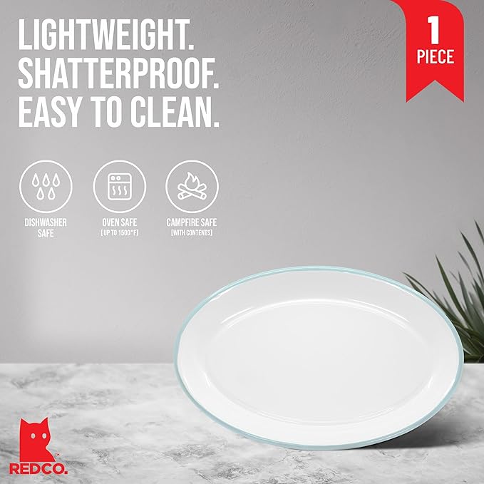 Red Co. Enamelware Metal Classic 13" Serving Oval Tray Platter, Solid White/Teal Rim
