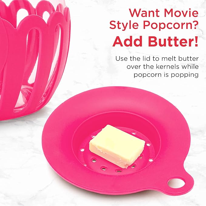Ecolution Patented Micro-Pop Microwave Popcorn Popper with Temperature Safe Glass, 3-in-1 Lid Measures Kernels and Melts Butter, Made Without BPA, Dishwasher Safe, 3-Quart, Hot Pink