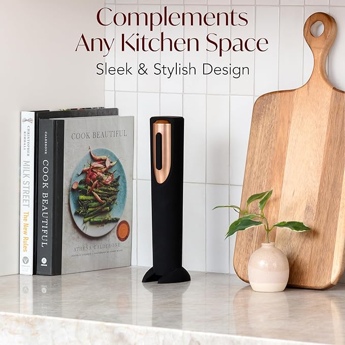 Electric Wine Opener Battery Operated with Stand and Built-in Foil Cutter - Automatic Wine Opener - Electric Corkscrew for Easy Cork Removal - Best Gift for Wine Lover (Black & Rose Gold)