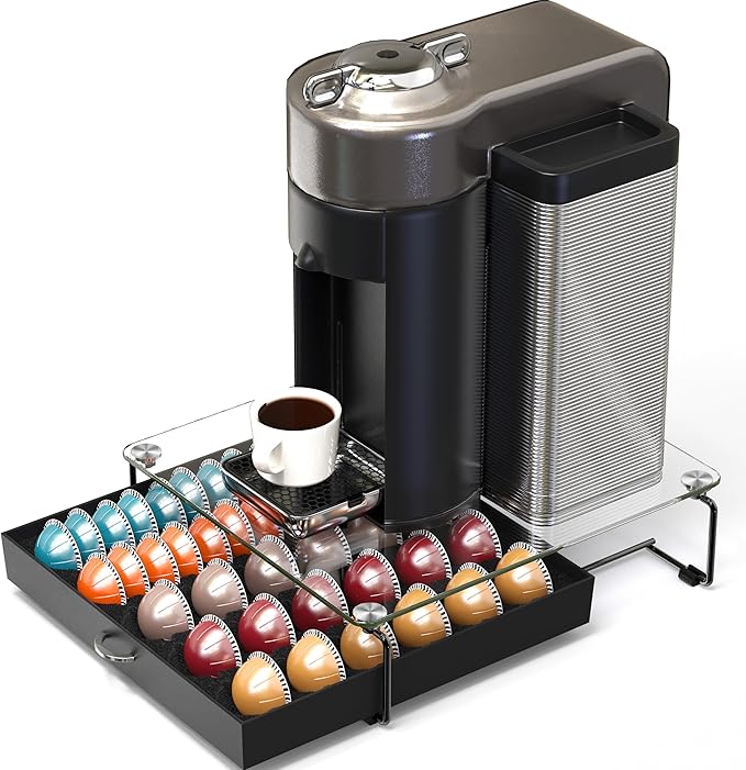 Deco Brothers Crystal Tempered Glass Vertuo Pod Holder Drawer, 30 Large or 60 Small Nespresso Capsule Organizer, Black