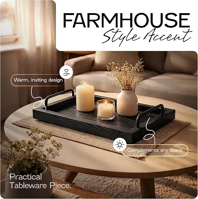 Besti Rustic Vintage Food Serving Trays (Set of 2) | Nesting Wooden Board with Metal Handles | Stylish Farmhouse Decor Serving Platters | Large: 15 x2 x11” - Small: 13 x2 x9” (Black)
