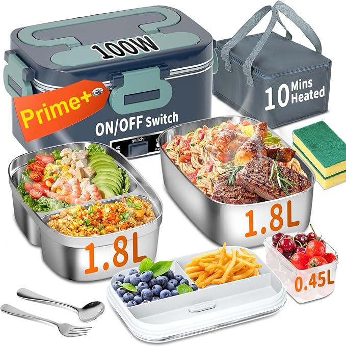 IFENROL Electric Heated Lunch Box for Adults, 100W 3-IN-1 2 Pack 1.8L Containers Heating Lunch Box for Men Portable Double Layer, Fast Heated Food Warmer,12V/24V/110V for Car Truck Office Home